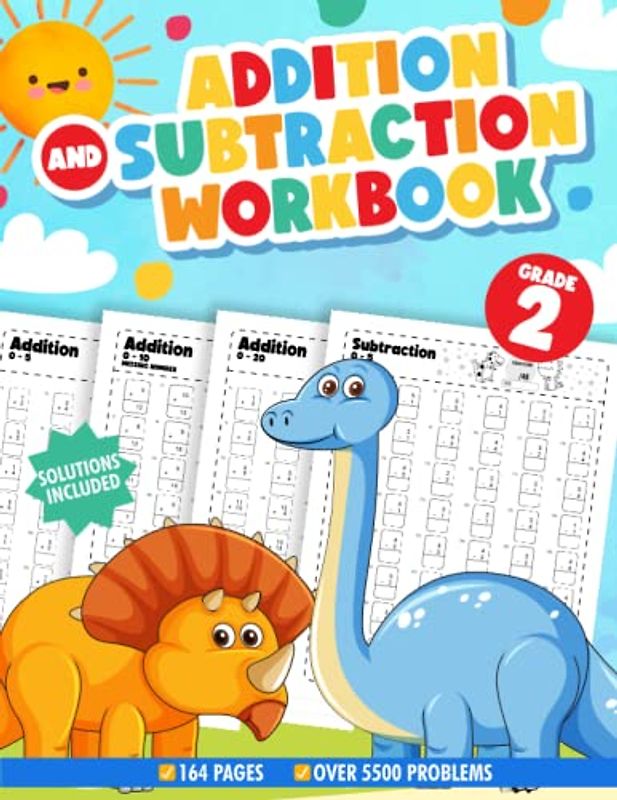 2nd grade math workbook addition and subtraction: Over 5500 addition and subtraction timed equations With solutions, Cute Dinausor Theme