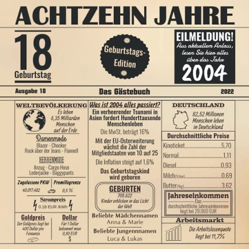 Achtzehn Jahre Das Gästebuch: Zum 18 Geburtstag / Geburtsjahr 2004 / Zeitung Design Mit Ereignissen Im Jahre 04 / Geschenk Und Geburtstagsdeko / Platz Für Glückwünsche Und Fotos