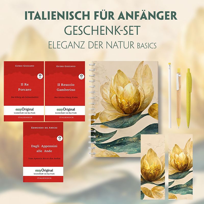 Italienisch für Anfänger Geschenkset - 3 Bücher (mit Audio-Online) + Eleganz der Natur Schreibset Basics