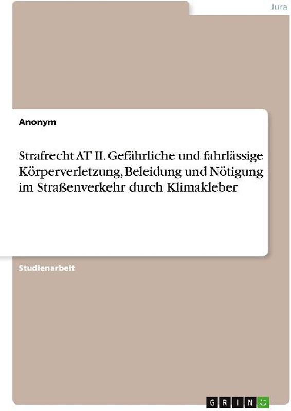 Strafrecht AT II. Gefährliche und fahrlässige Körperverletzung, Beleidung und Nötigung im Straßenverkehr durch Klimakleber