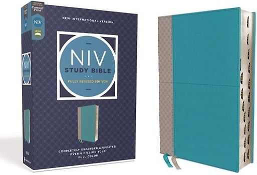 NIV Study Bible, Fully Revised Edition, Leathersoft, Teal/Gray, Red Letter, Thumb Indexed, Comfort Print