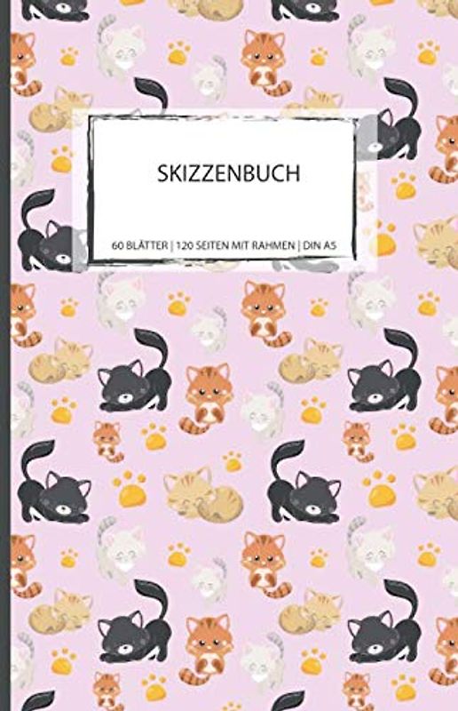 Skizzenbuch DIN A5: Baby Kawaii Kätzchen mit umrahmten blanko Seiten für deine Skizzen oder zum Doodeln