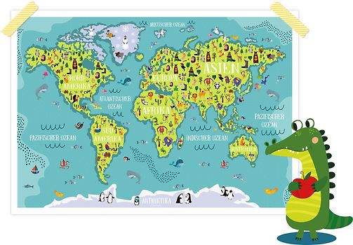 WELTKARTE KINDER Poster Kinderzimmer Deko für die Wand oder als Schreibtischunterlage - Lernposter mit Tieren DIN A2 Deutsch