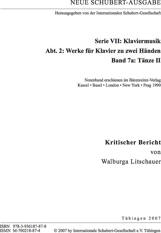 Neue Schubert-Ausgabe. Kritische Berichte / Werke für Klavier zu zwei Händen / Tänze II