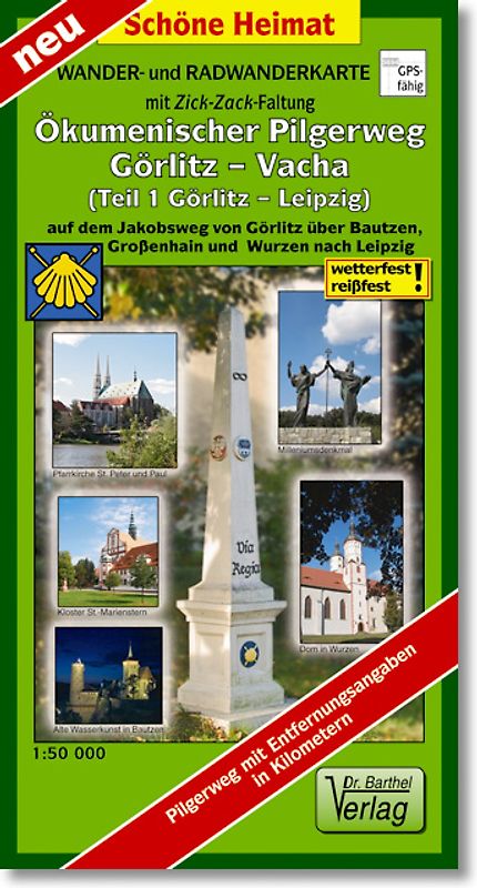 Wander- und Radwanderkarte Ökumenischer Pilgerweg Görlitz-Vacha (Teil 1 Görlitz-Leipzig) mit Zick-Zack-Faltung. 1:50000