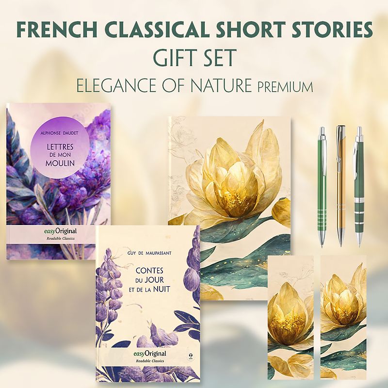 French Classical Short Stories (with audio-online) Readable Classics Geschenkset + Eleganz der Natur Schreibset Premium