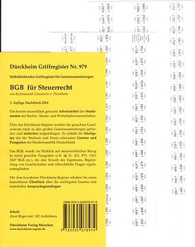 BGB im Steuerrecht, Griffregister Nr. 979 (Nachdruck 2017): 102 bedruckte Griffregister für das Bürgerliche Gesetzbuch