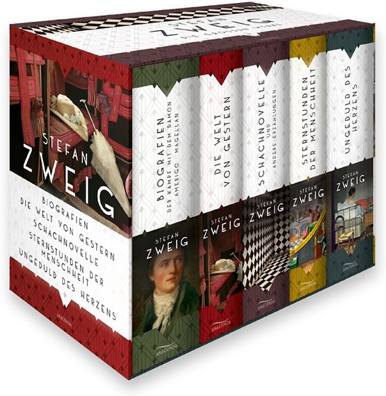 Stefan Zweig, Die großen Werke (Biografien: Der Kampf mit dem Dämön/Amerigo/Magellan - Die Welt von gestern - Schachnovelle und andere Erzählungen - Sternstunden der Menschen - Ungeduld des Herzens) (5 Bände im Schuber)