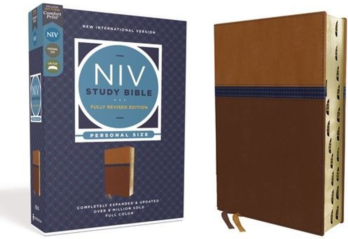 NIV Study Bible, Fully Revised Edition, Personal Size, Leathersoft, Brown/Blue, Red Letter, Thumb Indexed, Comfort Print