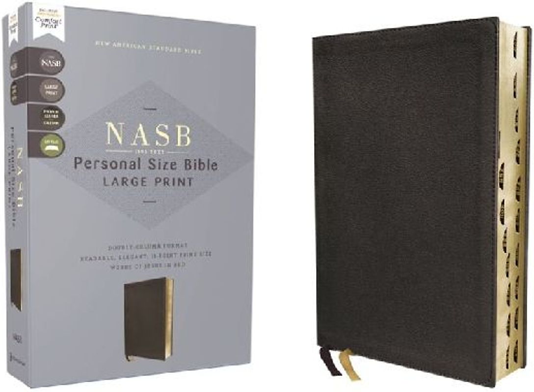 NASB, Personal Size Bible, Large Print, Genuine Leather, Calfskin, Black, Red Letter, 1995 Text, Thumb Indexed, Comfort Print