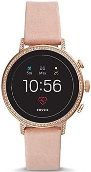 Fossil Venture HR 40 mm or rosé avec strass et et bracelet en cuir rose [Wi-Fi, 4. génération]