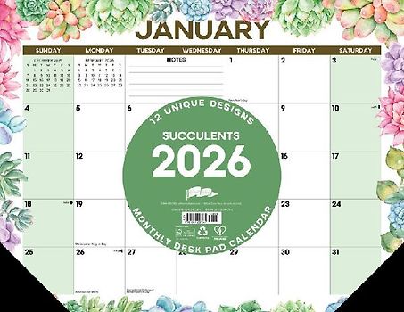 Succulents 2026 22 X 17 Large Monthly Deskpad