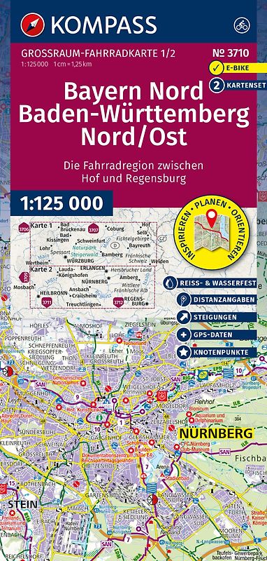 KOMPASS Großraum Fahrradkarte 3710 Bayern Nord, Baden-Württemberg Nord/Ost 1:125.000