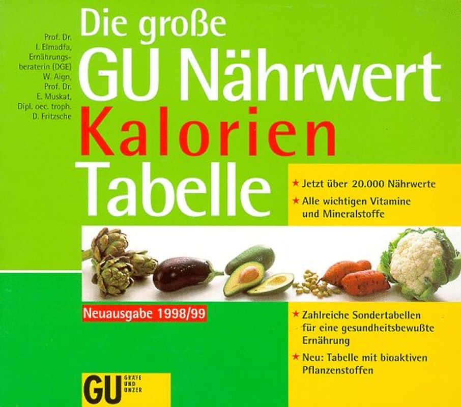 Die grosse GU Nährwert Kalorien Tabelle 98/99. Jetzt über 20000 Nährwerte. Alle wichtigen Vitamine und Mineralstoffe.Zahlreiche Sondertabellen für eine gesundheitsbewusste Ernährung. Tabellen mit bioaktiven Pflanzenstoffen