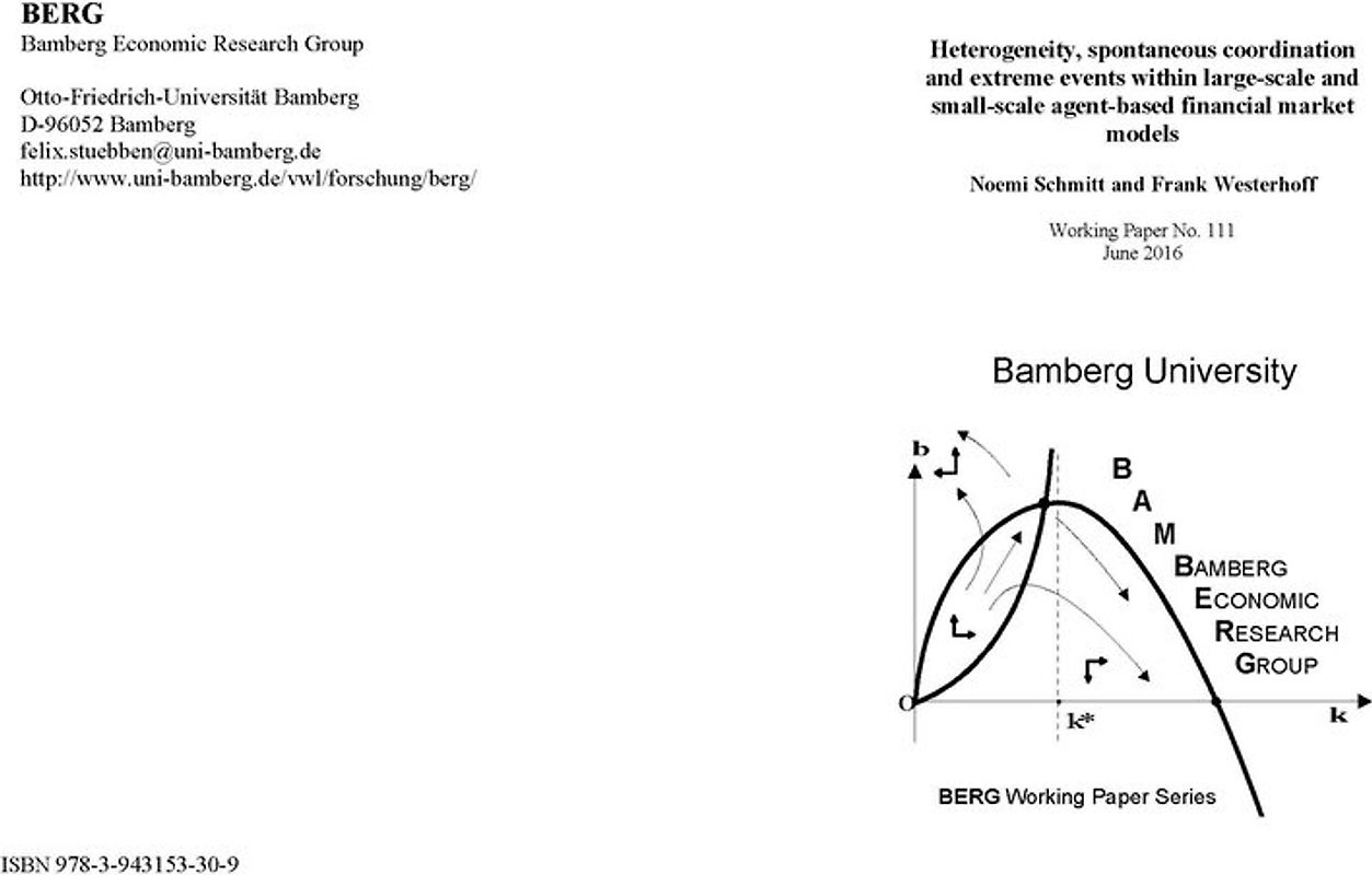 Heterogeneity, spontaneous coordination and extreme events within large-scale and small-scale agent-based financial market models