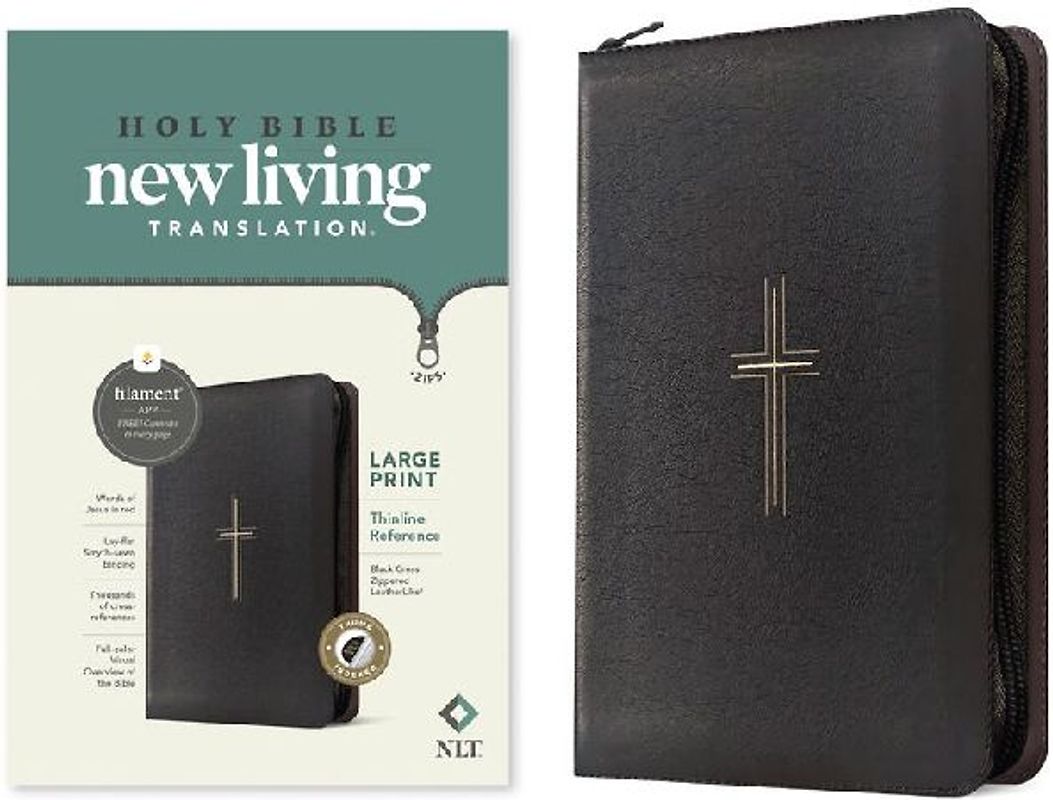 NLT Large Print Thinline Reference Zipper Bible, Filament Enabled (Leatherlike, Black Cross, Indexed, Red Letter)