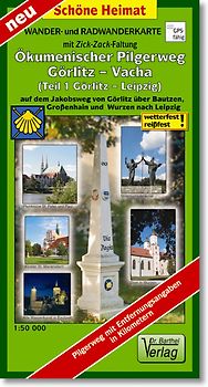 Wander- und Radwanderkarte Ökumenischer Pilgerweg Görlitz-Vacha (Teil 1 Görlitz-Leipzig) mit Zick-Zack-Faltung. 1:50000