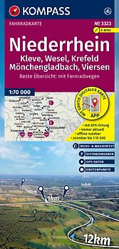 KOMPASS Fahrradkarte 3323 Niederrhein, Kleve, Wesel, Krefeld, Mönchengladbach, Viersen mit Knotenpunkten 1:70.000