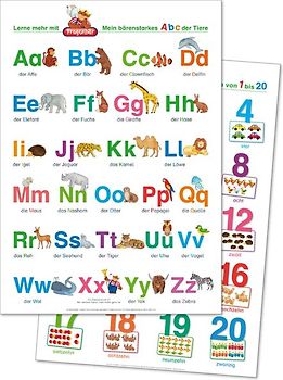 2 Fragenbär-Lernposter: Mein bärenstarkes ABC der Tiere + Zahlen und Mengen von 1 bis 20, L 70 x 100 cm. abwischbar, matt folienbeschichtet, gerollt