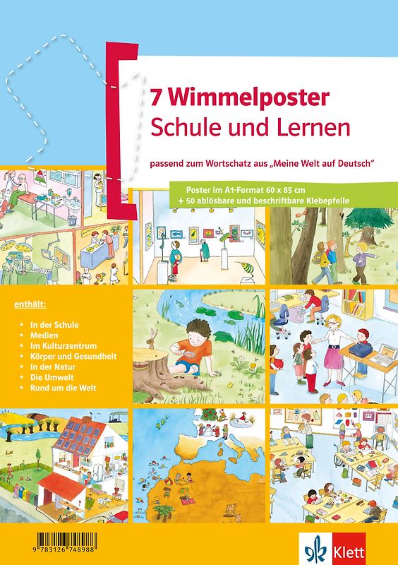 Wimmelposter Schule und Lernen. passend zum Wortschatz aus "Meine Welt auf Deutsch". 7 Poster