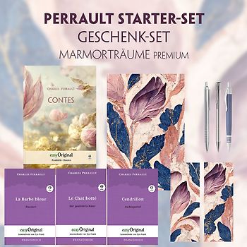 Charles Perrault Starter-Paket Geschenkset - 4 Bücher (mit Audio-Online) + Marmorträume Schreibset Premium