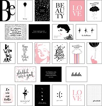 Schönes Postkarten Set mit 25 modernen und stylishen Postkarten zum Dekorieren oder Verschenken. Feminine Bilder, Sprüche und Statements für Frauen. Hochwertige Spruchkarten in dekorativer Box.