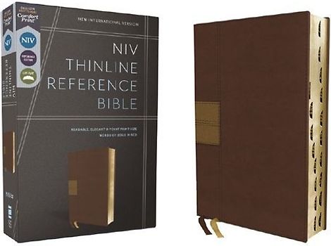 Niv, Thinline Reference Bible (Deep Study at a Portable Size), Leathersoft, Brown, Red Letter, Thumb Indexed, Comfort Print