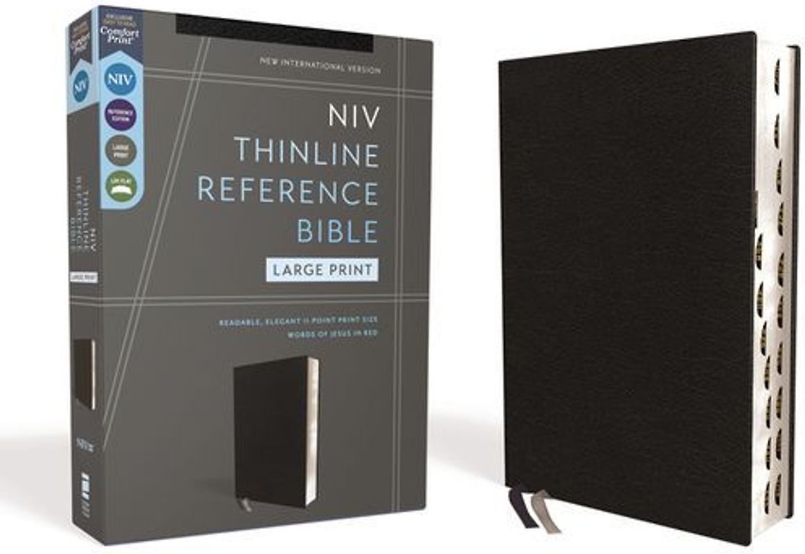 Niv, Thinline Reference Bible (Deep Study at a Portable Size), Large Print, Bonded Leather, Black, Red Letter, Thumb Indexed, Comfort Print