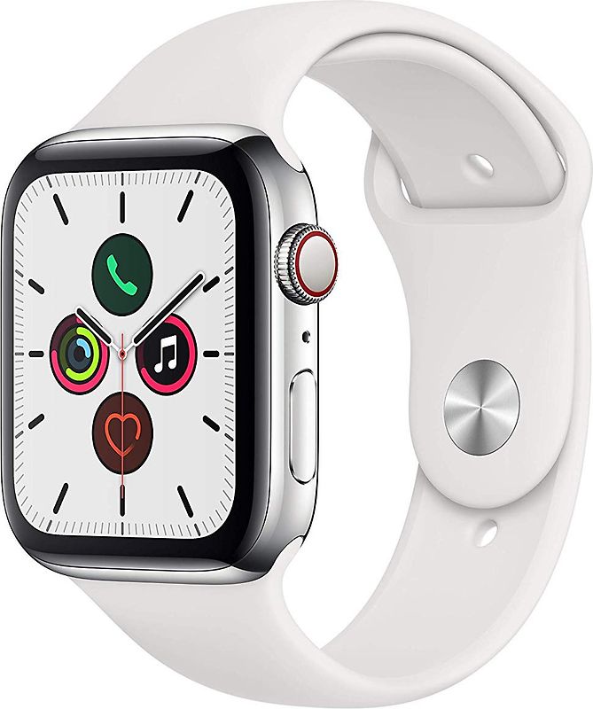 Apple Watch Series 5 44 mm boîtier en acier inoxydable argent et bracelet sport blanc [Wi-Fi + Cellulaire]