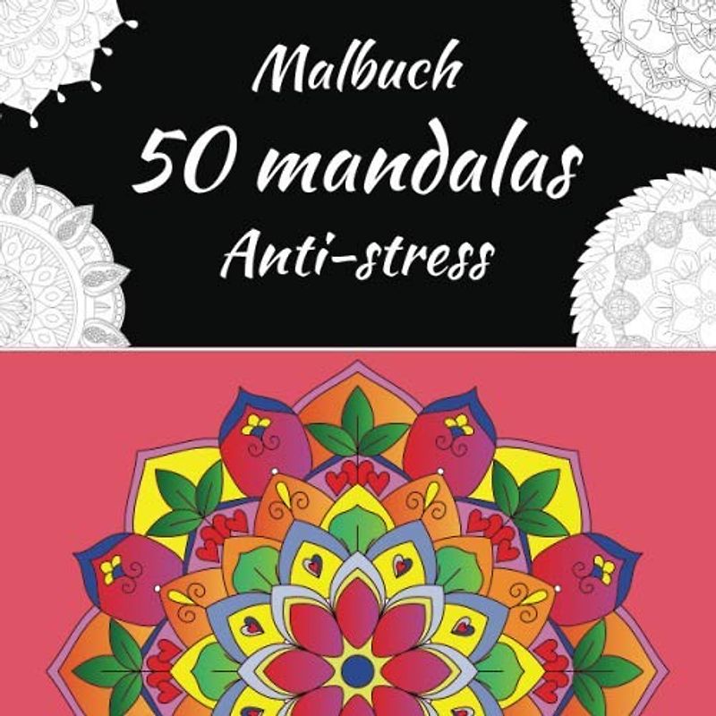 Malbuch 50 Mandalas Anti-Stress: Rosetten für Erwachsene - Dünne Linien - Abmessungen (21,59 x 21,59 cm) - Muster auf einer Seite der Blätter mit schwarzer Rückseite gedruckt - Blumen Edition.