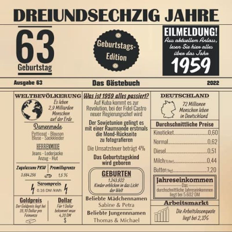 Dreiundsechzig Jahre Das Gästebuch: Zum 63 Geburtstag / Geburtsjahr 1959 / Zeitung Design Mit Ereignissen Im Jahre 59 / Geschenk Und Geburtstagsdeko / Platz Für Glückwünsche Und Fotos