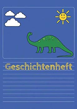 Geschichtenheft: Eigenen Geschichten Schreiben und Zeichnen | 64 Seiten A4 4g | Lineatur 4 | Kreativen Schreiben für Kinder | Blau Dinosaurier