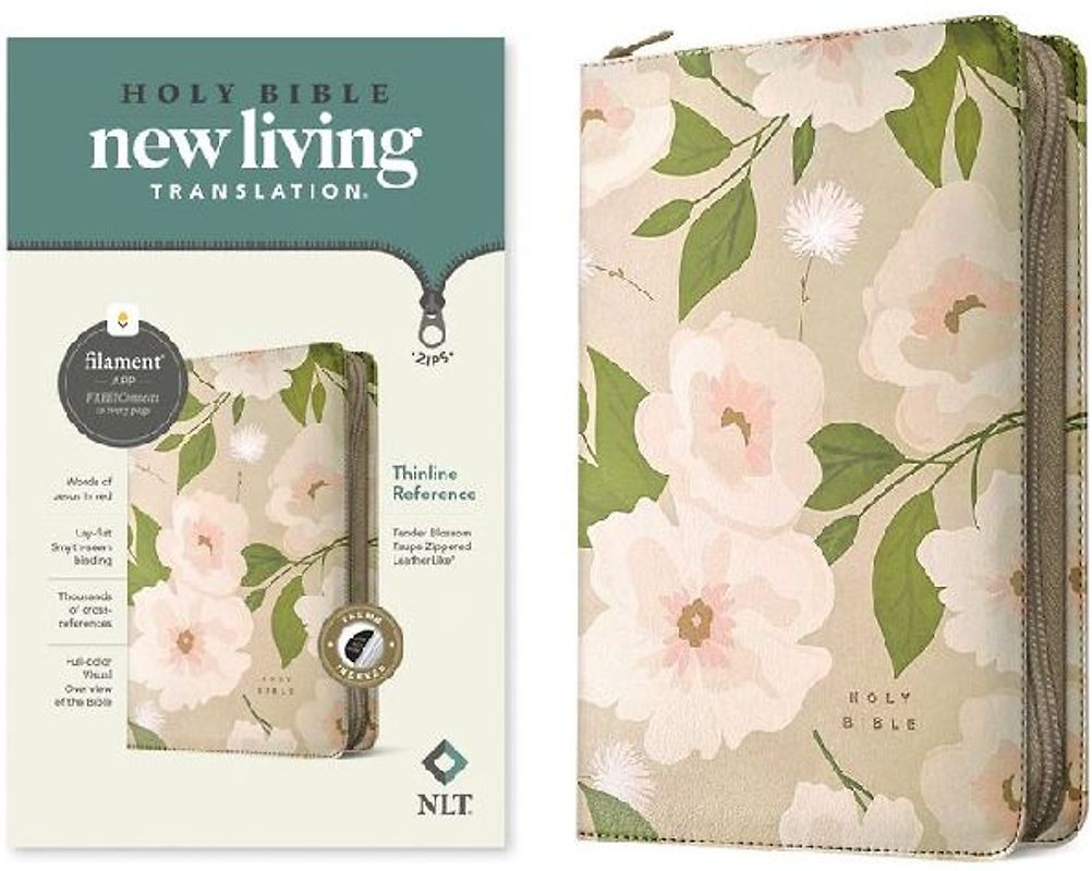 NLT Thinline Reference Zipper Bible, Filament Enabled (Leatherlike, Tender Blossom Taupe, Indexed, Red Letter)