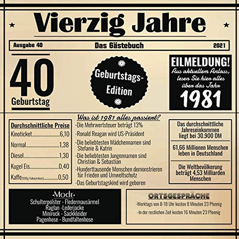 Vierzig Jahre Das Gästebuch: Zum 40 Geburtstag / Geburtsjahr 1981 / Zeitung Design Mit Ereignissen Im Jahre 81 / Geschenk Und Geburtstagsdeko / Platz Für Glückwünsche Und Fotos
