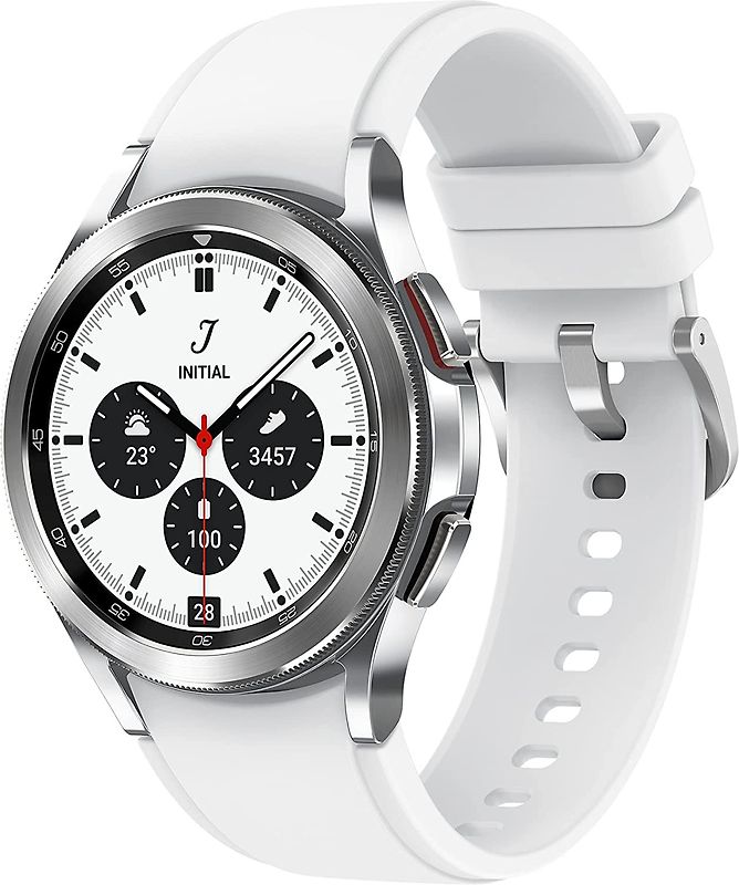Samsung Galaxy Watch 4 Classic 42 mm Boîtier acier inoxydable argent Bracelet silicone blanc [Wi-Fi]