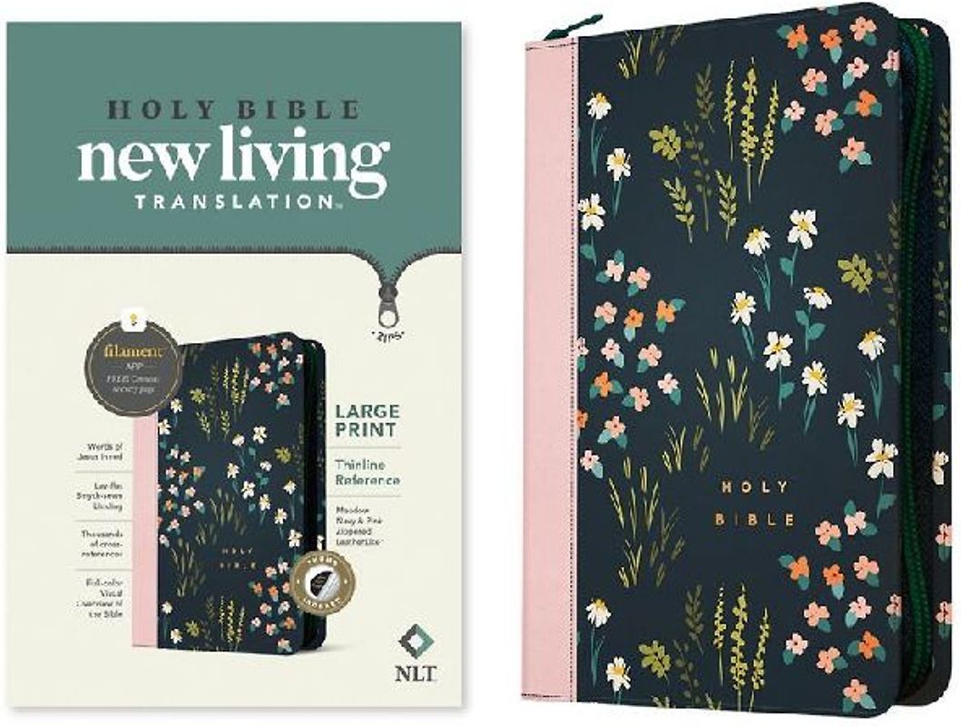 NLT Large Print Thinline Reference Zipper Bible, Filament Enabled (Leatherlike, Meadow Navy & Pink, Indexed, Red Letter)