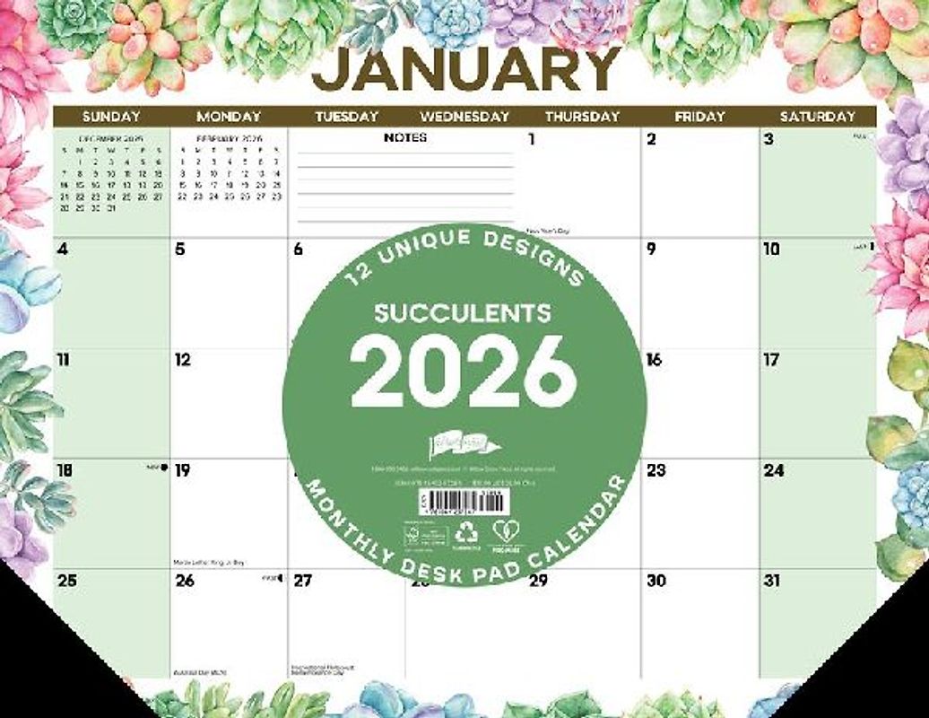 Succulents 2026 22 X 17 Large Monthly Deskpad