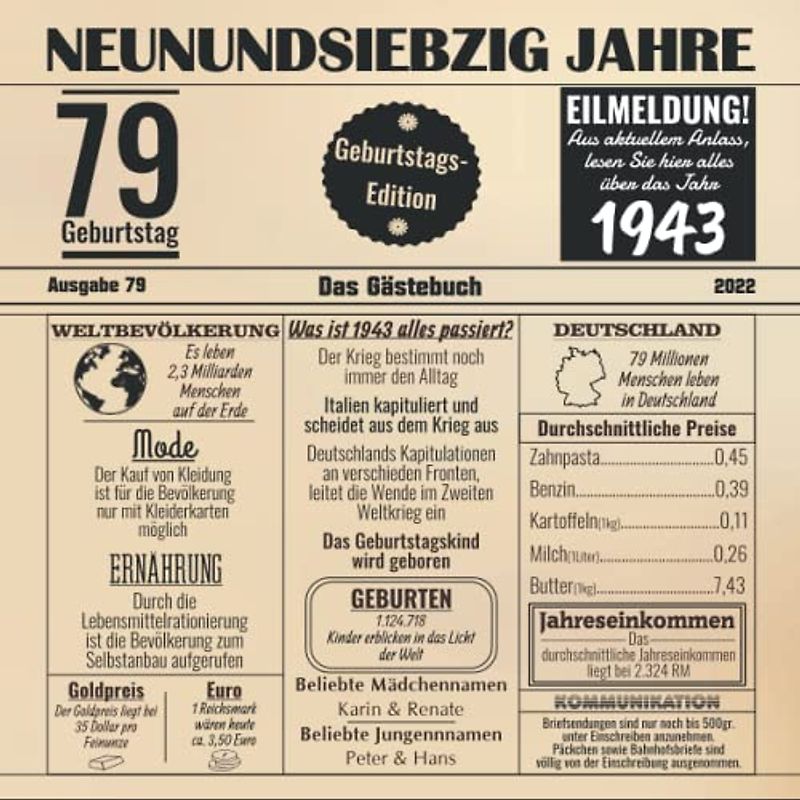 Neunundsiebzig Jahre Das Gästebuch: Zum 79 Geburtstag / Geburtsjahr 1943 / Zeitung Design Mit Ereignissen Im Jahre 43 / Geschenk Und Geburtstagsdeko / Platz Für Glückwünsche Und Fotos