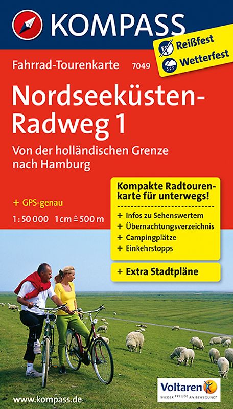 KOMPASS Fahrrad-Tourenkarte Nordseeküstenradweg 1, von der holländischen Grenze nach Hamburg, 1:50.000