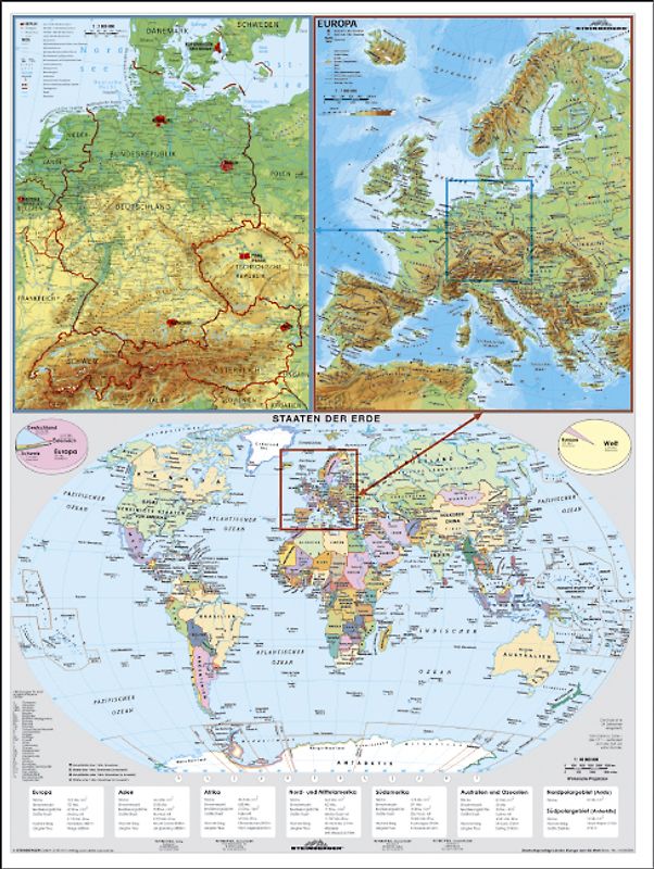 Deutschsprachige Länder Europa und die Welt. Wandkarte / Poster