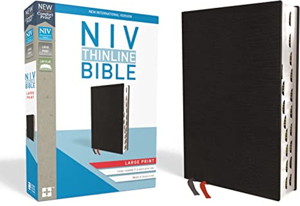 NIV, Thinline Bible, Large Print, Bonded Leather, Black, Indexed, Red Letter Edition