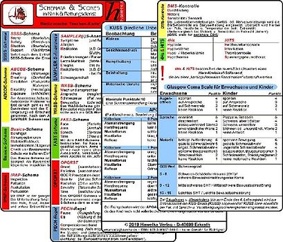 Schemata & Scores in Klinik & Rettungsdienst (2 Karten Set) - SSSS-Schema, ABCDE-Schema, Basics-Schema, IPAP-Schema, SAMPLER(!)S, WASB, FAST, OPQRST, PECH-Regel, DMS, 4Hs, HITS, GCS, KUSS, APGAR